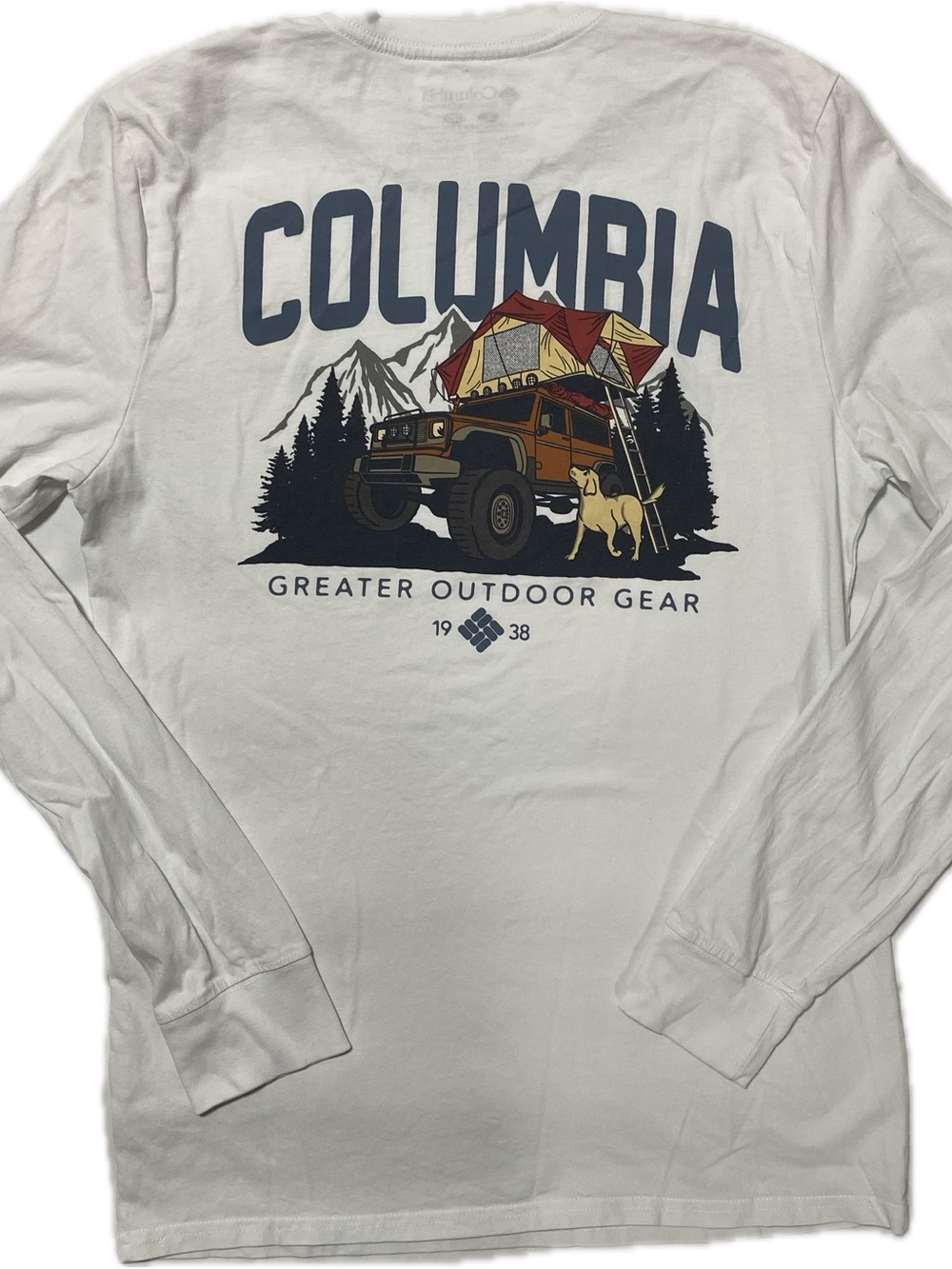 Columbia White Tee with Navy, Orange and Red Outdoor Graphic
